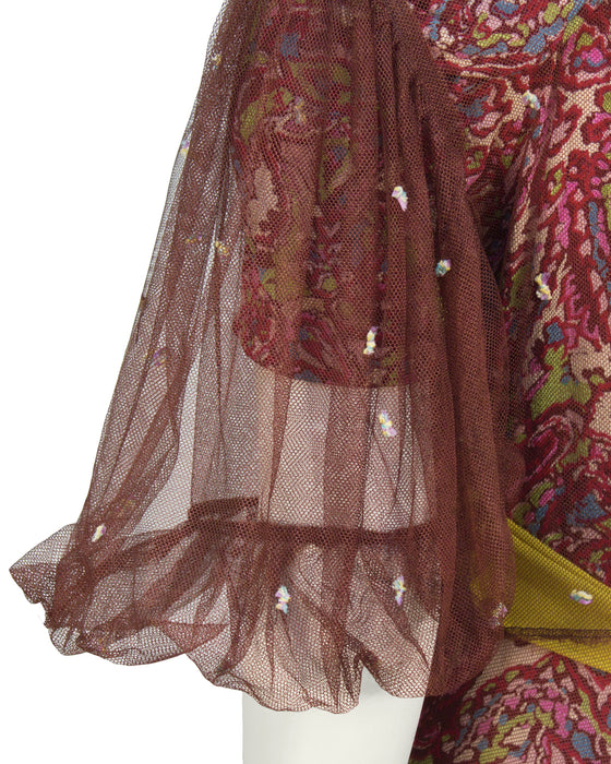 Pink Paisley Gown with Maroon Net Overcoat