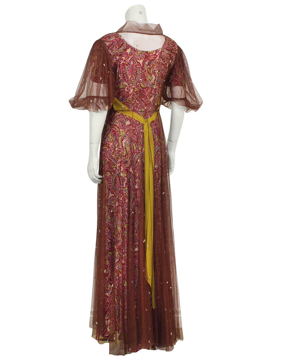 Pink Paisley Gown with Maroon Net Overcoat