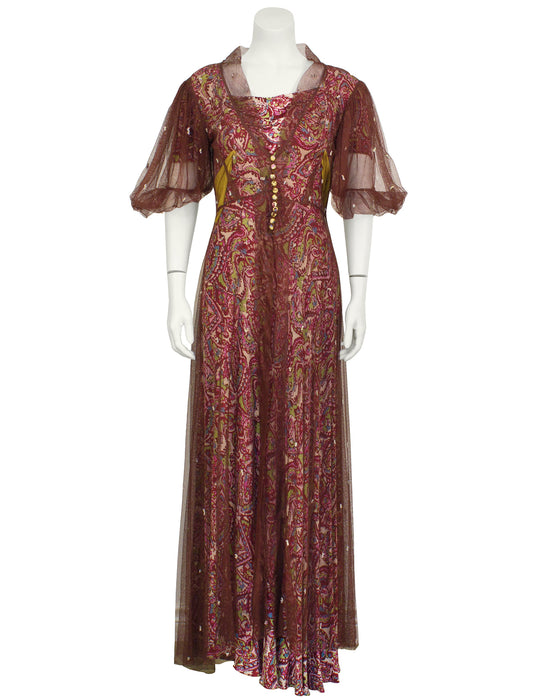 Pink Paisley Gown with Maroon Net Overcoat