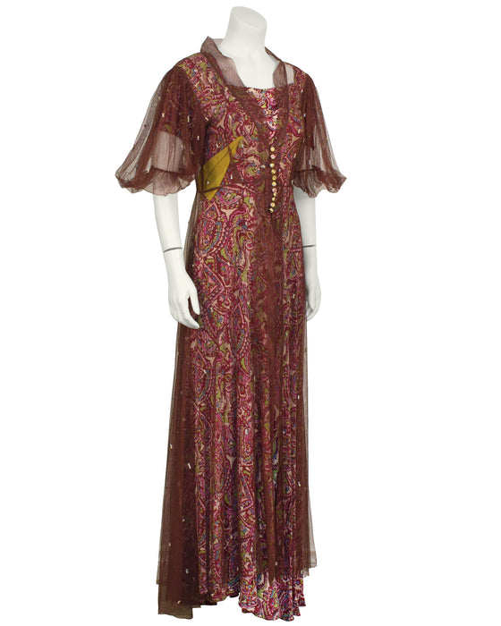 Pink Paisley Gown with Maroon Net Overcoat