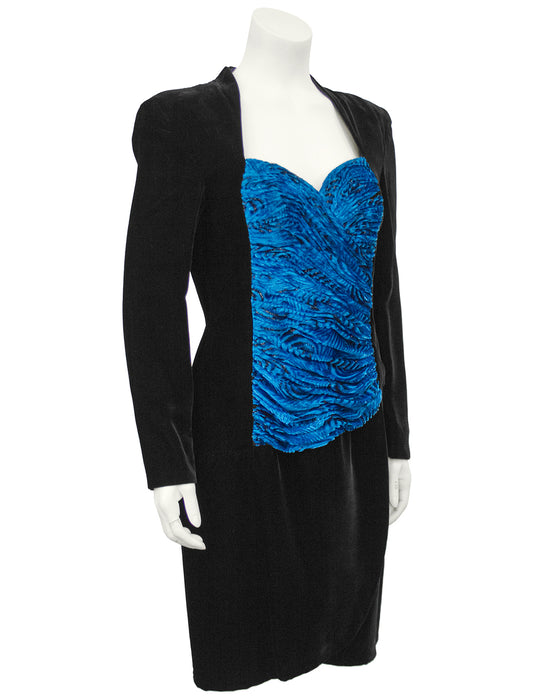 Black Velvet Cocktail Dress with Royal Blue Bodice