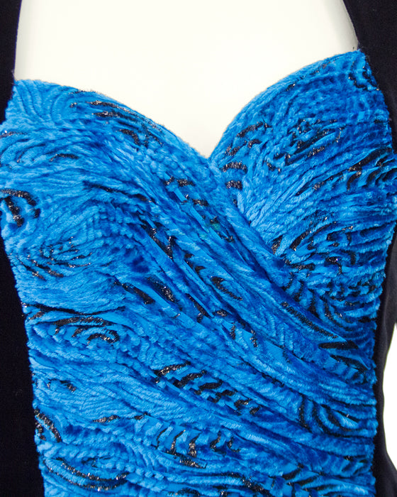 Black Velvet Cocktail Dress with Royal Blue Bodice