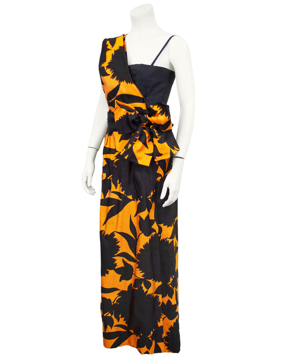 Black and Orange French Demi Couture Gown with Shoulder Detail