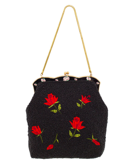 Black Beaded Evening Bag with Red Roses