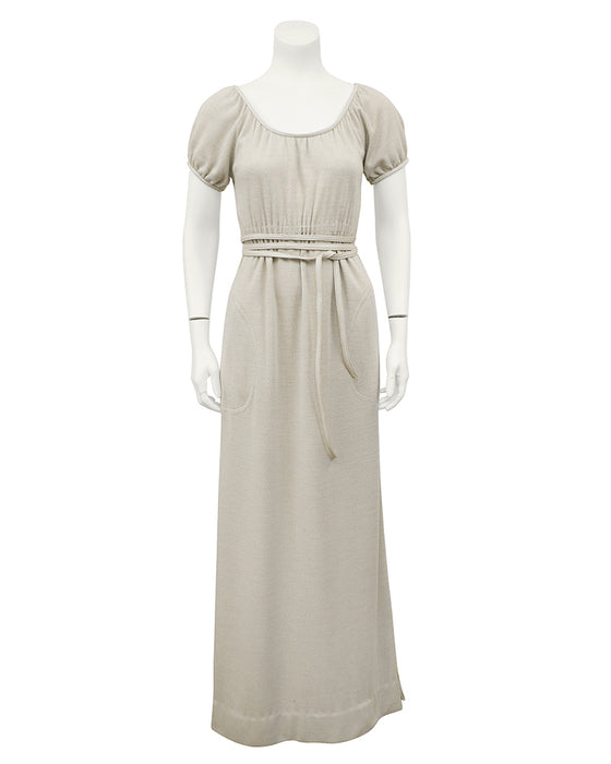 Cream Wool Jersey Gown With Leather Trim