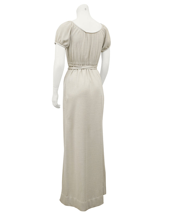 Cream Wool Jersey Gown With Leather Trim