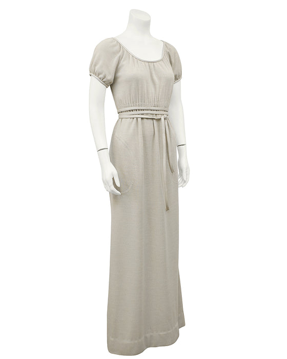 Cream Wool Jersey Gown With Leather Trim