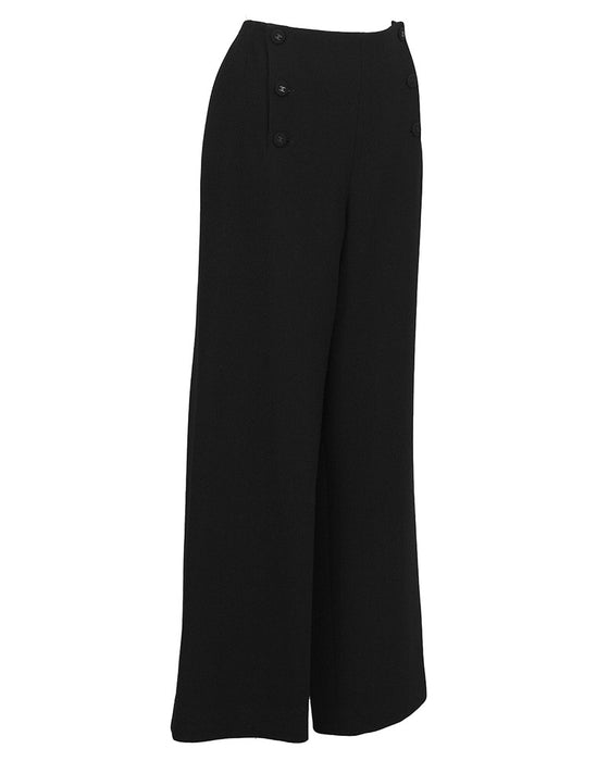 Black Wool/Crepe Sailor-Front Pant