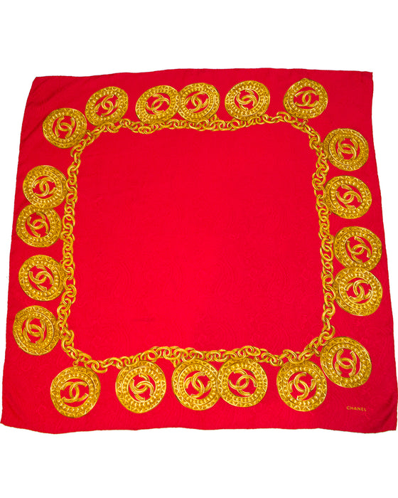 Red Silk Scarf with Gold CC Chain Print