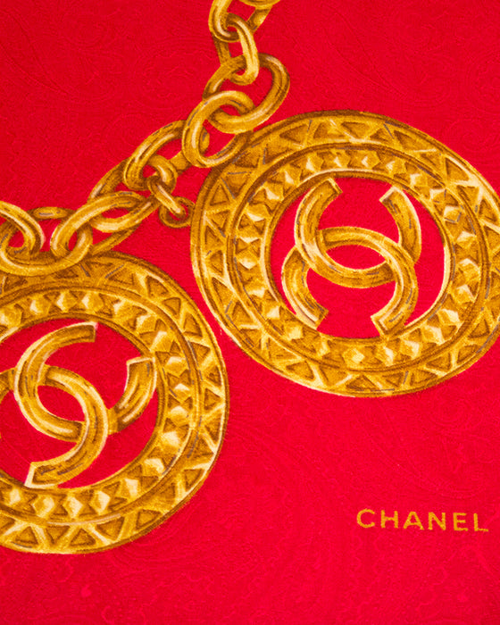 Red Silk Scarf with Gold CC Chain Print
