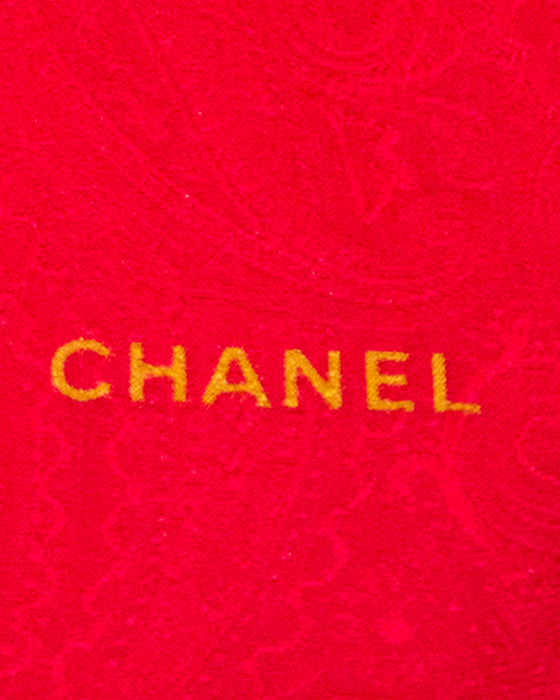 Red Silk Scarf with Gold CC Chain Print