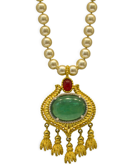 Faux Pearl and Cabochon Emerald Necklace