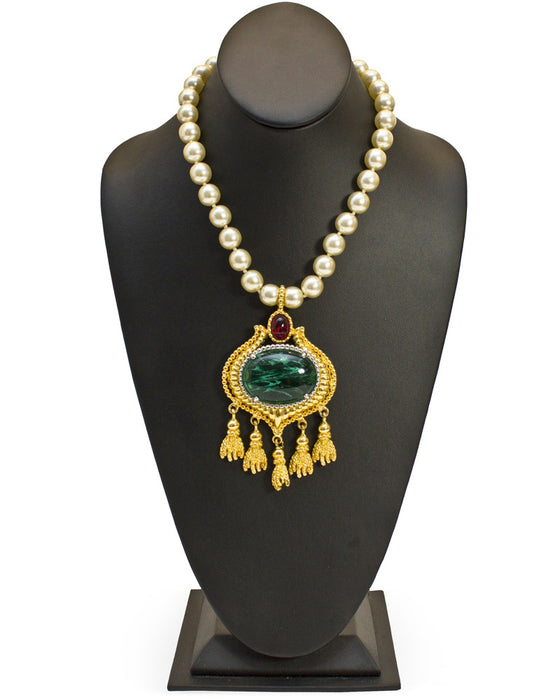 Faux Pearl and Cabochon Emerald Necklace