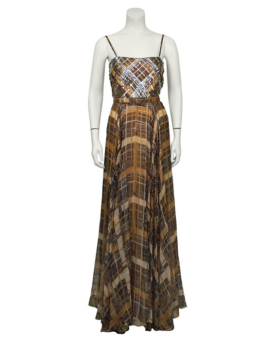 Plaid Chiffon Gown with Belt