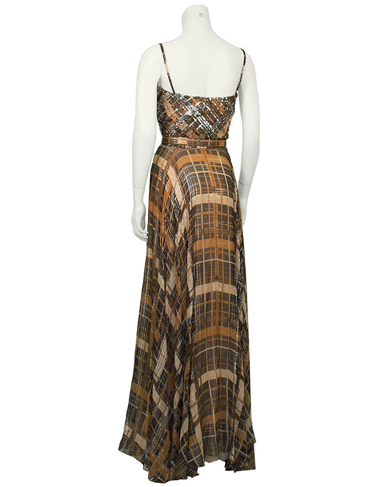 Plaid Chiffon Gown with Belt