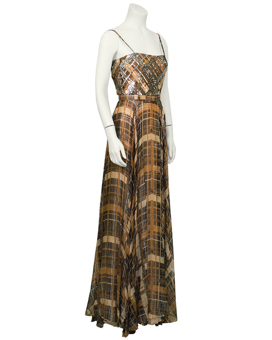 Plaid Chiffon Gown with Belt