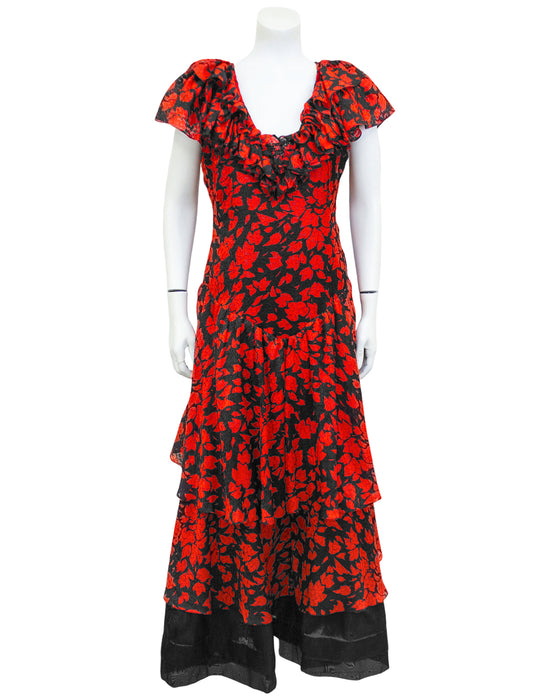Red and Black Leaf Print Gown
