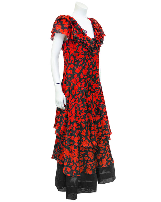 Red and Black Leaf Print Gown