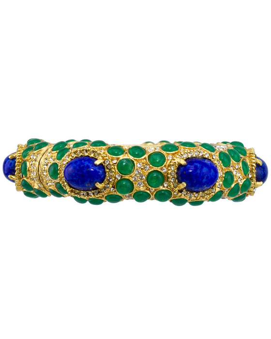 Gold Tone Bangle with Green and Blue Cabochon Stones