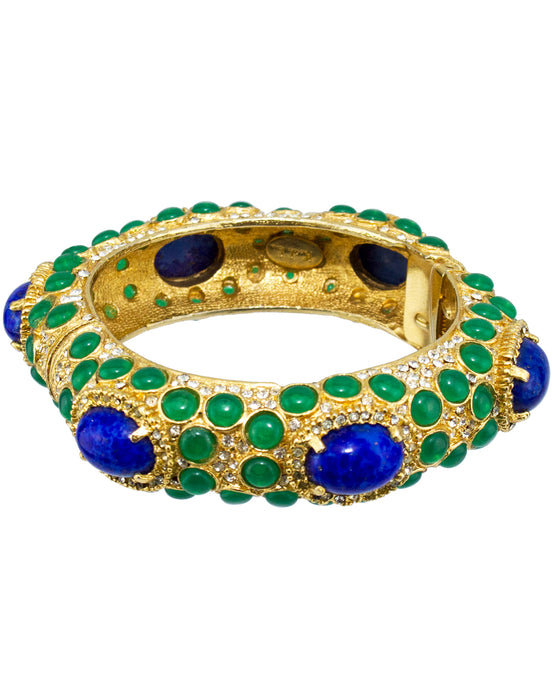 Gold Tone Bangle with Green and Blue Cabochon Stones