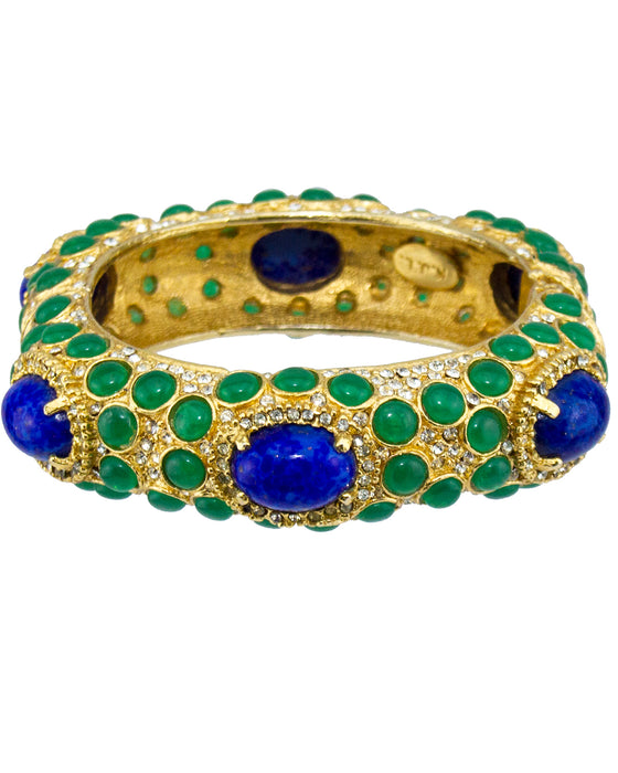 Gold Tone Bangle with Green and Blue Cabochon Stones