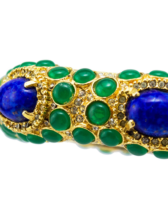Gold Tone Bangle with Green and Blue Cabochon Stones