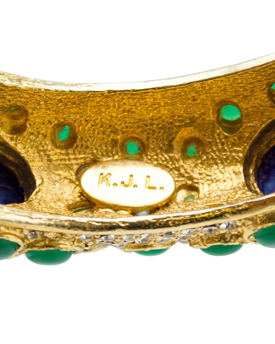 Gold Tone Bangle with Green and Blue Cabochon Stones