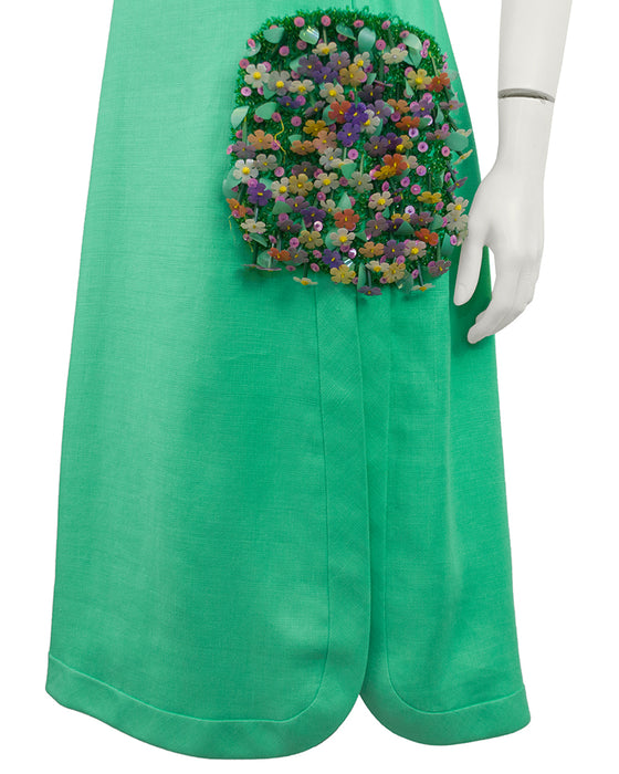 Green Dress with Embellished Pocket and Handbag