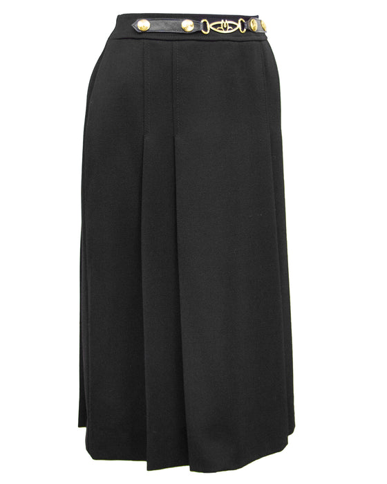 Black Wool Gabardine Pleated Skirt