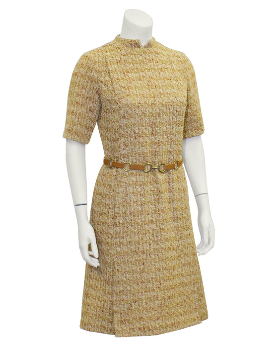 Tan Mod Tweed Dress With  Suede Link Belt