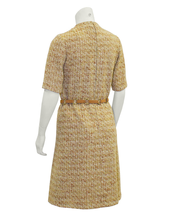 Tan Mod Tweed Dress With  Suede Link Belt