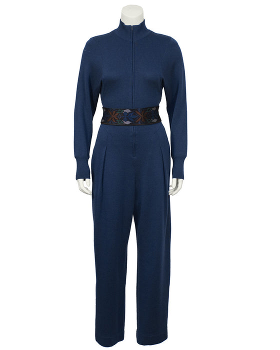 Blue Knit Jumpsuit with Belt/Headband