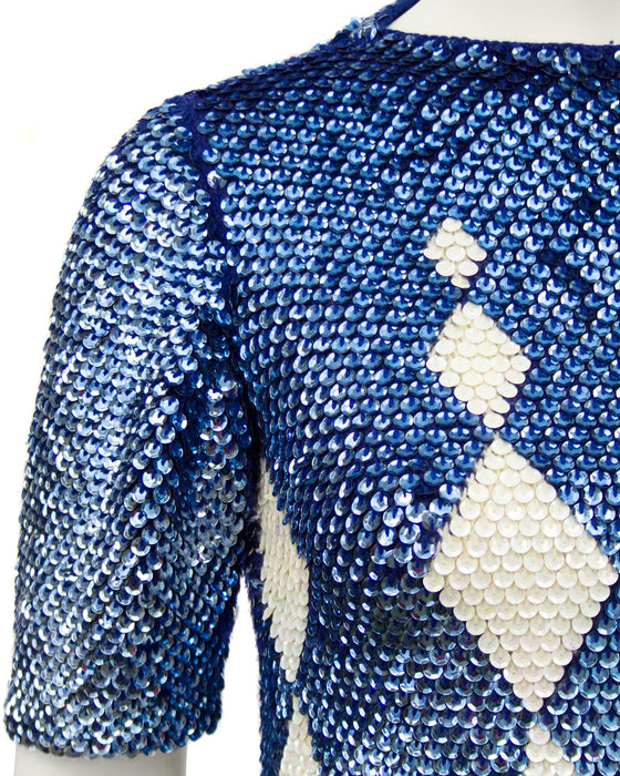 Navy and Cream Paillette Harlequin Argyle Sweater