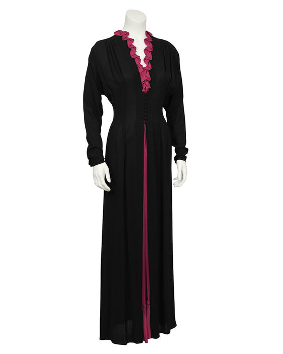 Black Moss Crepe Gown with Fuchsia Ruffle Detail