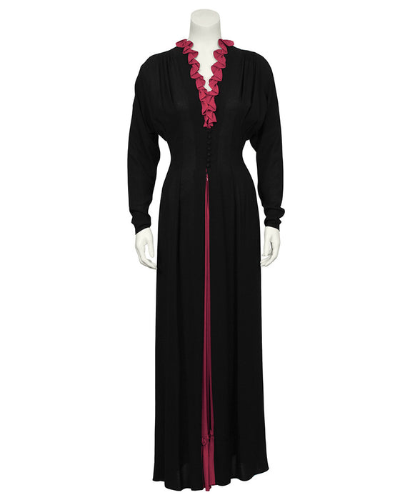 Black Moss Crepe Gown with Fuchsia Ruffle Detail