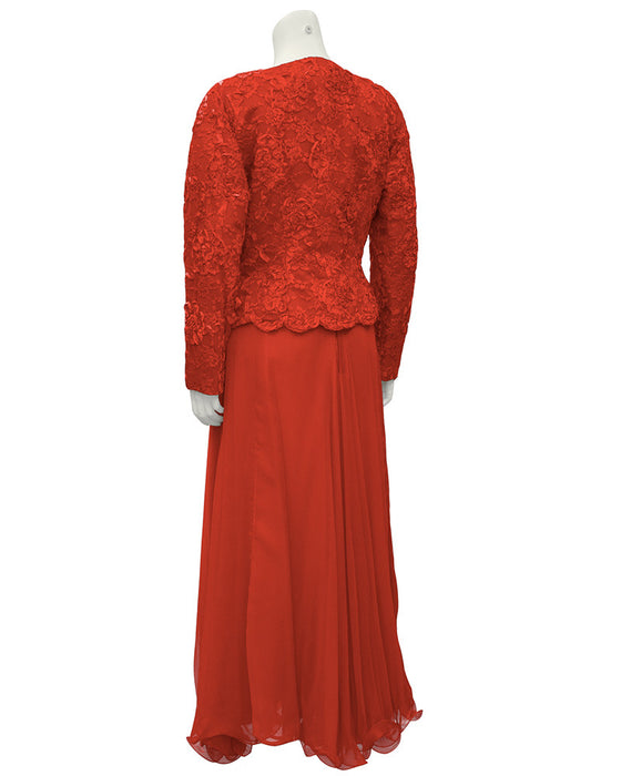 Red Lace and Satin Gown With Jacket