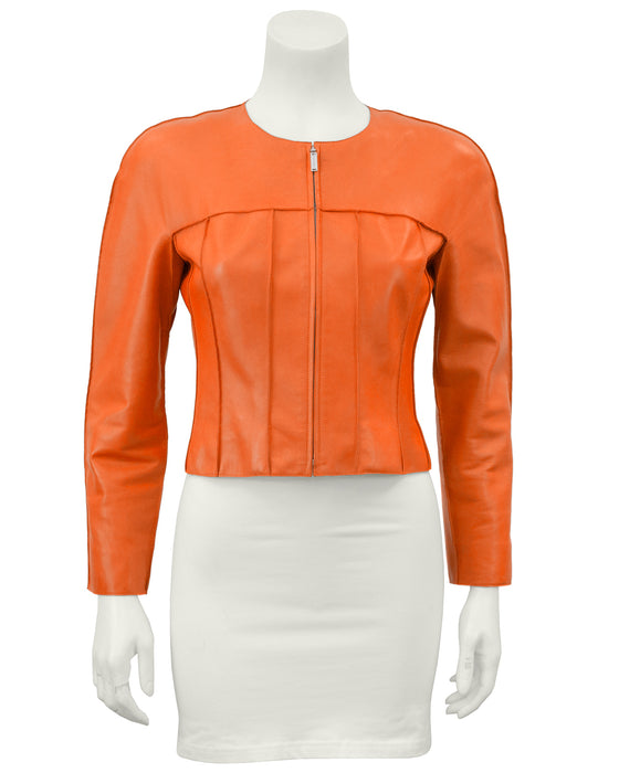 Orange Cropped Leather Jacket