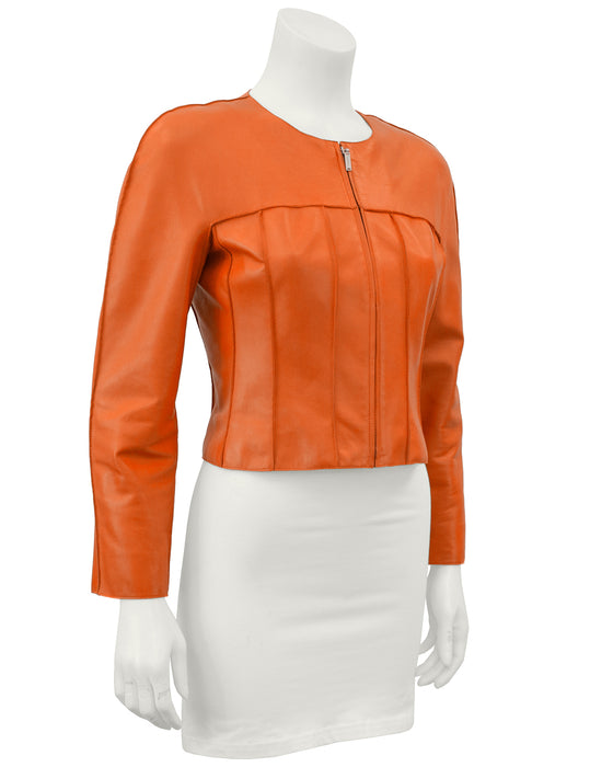 Orange Cropped Leather Jacket