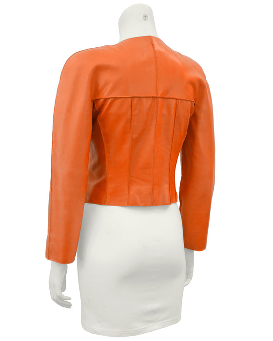 Orange Cropped Leather Jacket