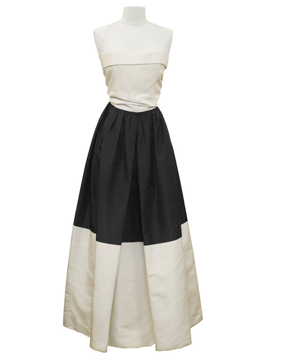 Black and Cream Silk Taffeta Strapless Gown