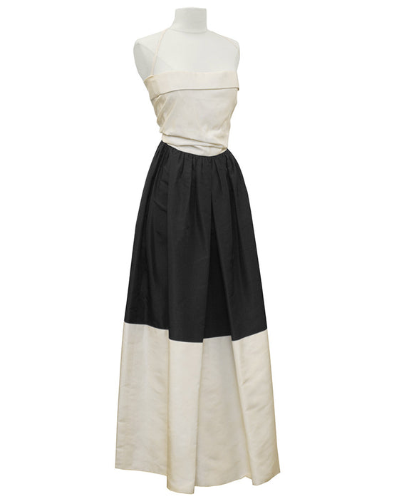Black and Cream Silk Taffeta Strapless Gown