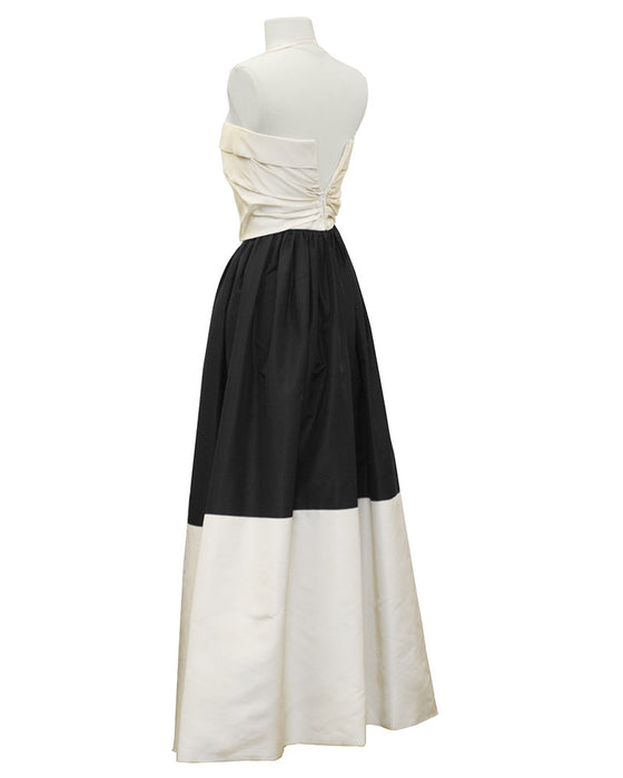 Black and Cream Silk Taffeta Strapless Gown