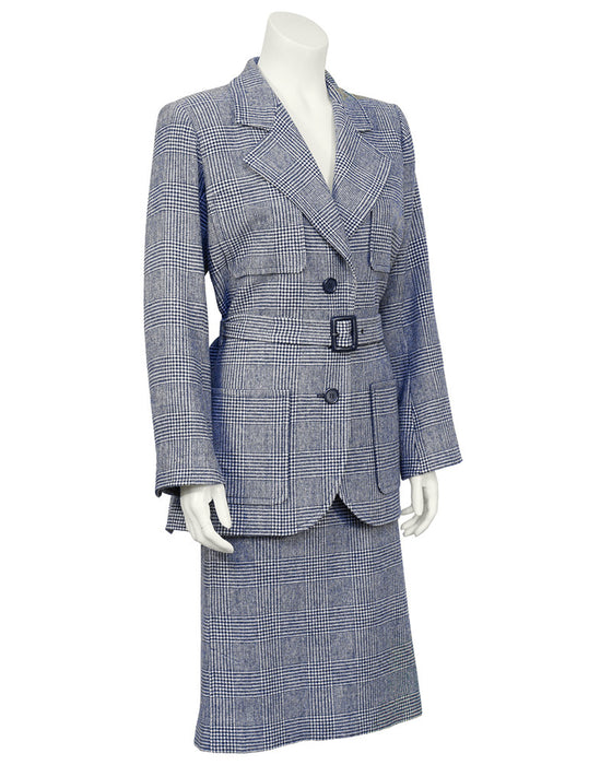 Blue Houndstooth Wool Safari Suit