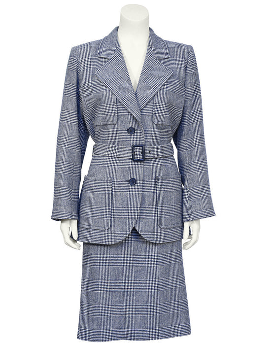 Blue Houndstooth Wool Safari Suit