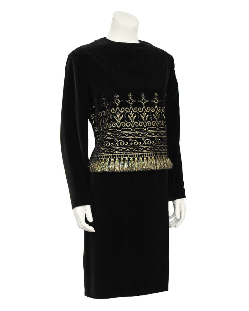 slim fit dress slacks Black Velvet And Gold Fringe Cocktail Dress – Vintage Couture