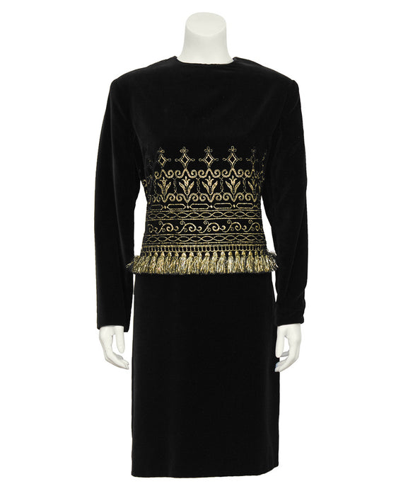 Black Velvet And Gold Fringe Cocktail Dress