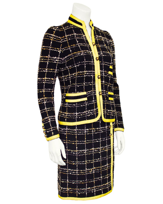 Black Wool Knit Plaid Skirt Suit with Yellow Trim