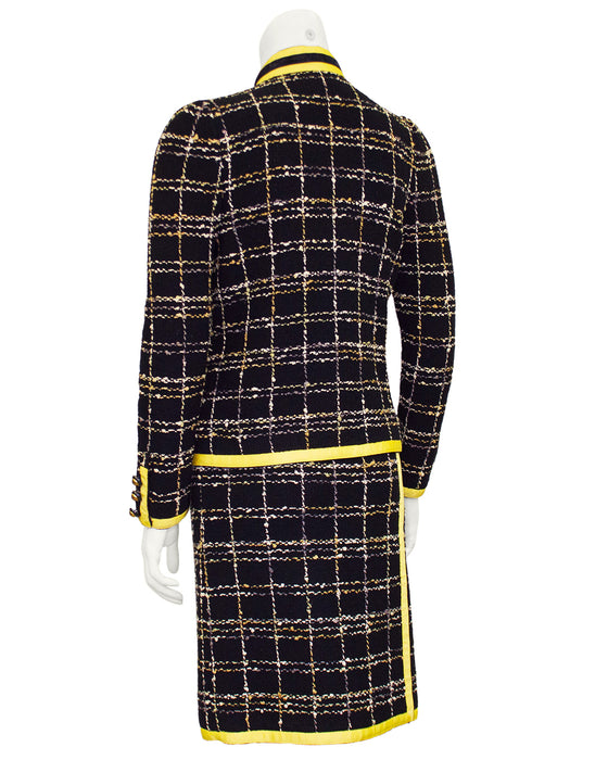 Black Wool Knit Plaid Skirt Suit with Yellow Trim
