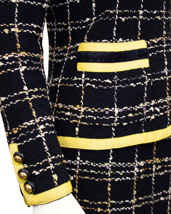 Black Wool Knit Plaid Skirt Suit with Yellow Trim