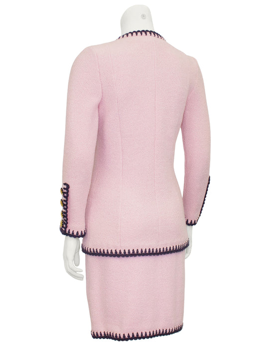 Pink Wool Knit Skirt Suit with Black Trim